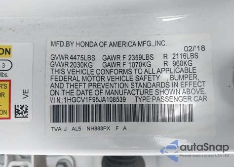 2018 Honda Accord Touring z USA, uszkodzony, nr VIN 1HGCV1F95JA108539